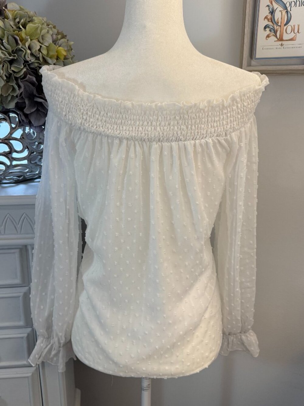 Ivory Swiss Dot Off Shoulder Blouse Ruffle Cuff SHEIN Medium US 6